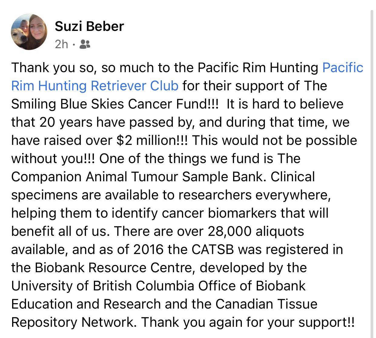Thank you to The Pacific Rim Hunting Retriever Club Hunt Test Fundraiser from Suzi Beber