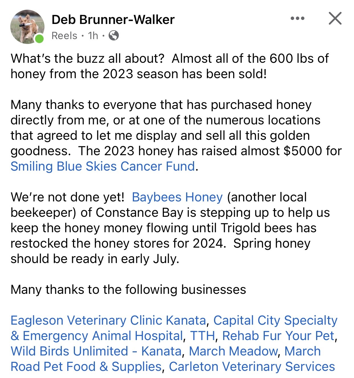 Facebook post announcing the honey fundraising efforts for Smiling Blue Skies.